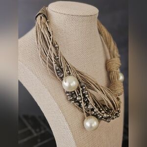 Elegant Pearl, Natural Fiber and Silver Beaded Necklace